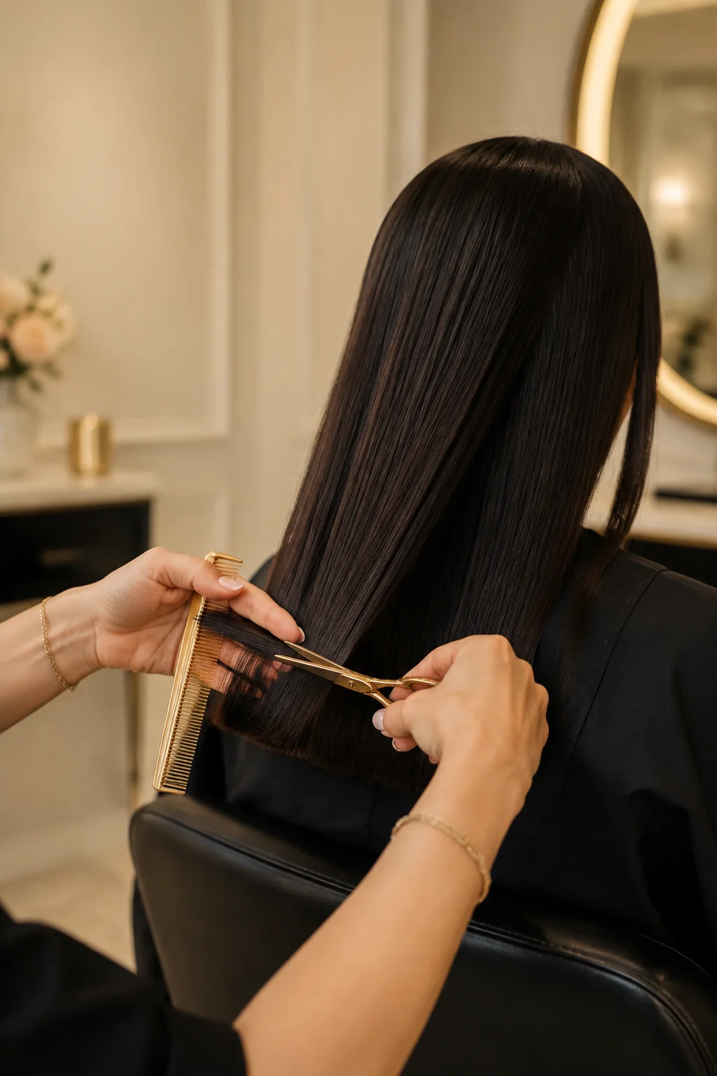 Corte de cabelo em detalhe, sem rostos visíveis