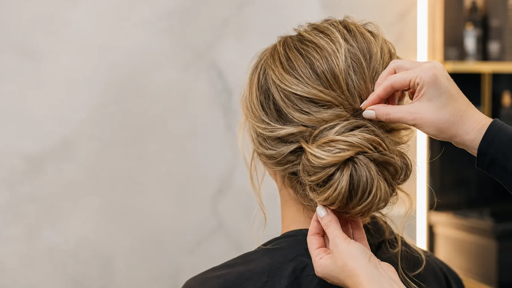 Penteado apanhado a ser finalizado à direita, visto de costas e sem rostos