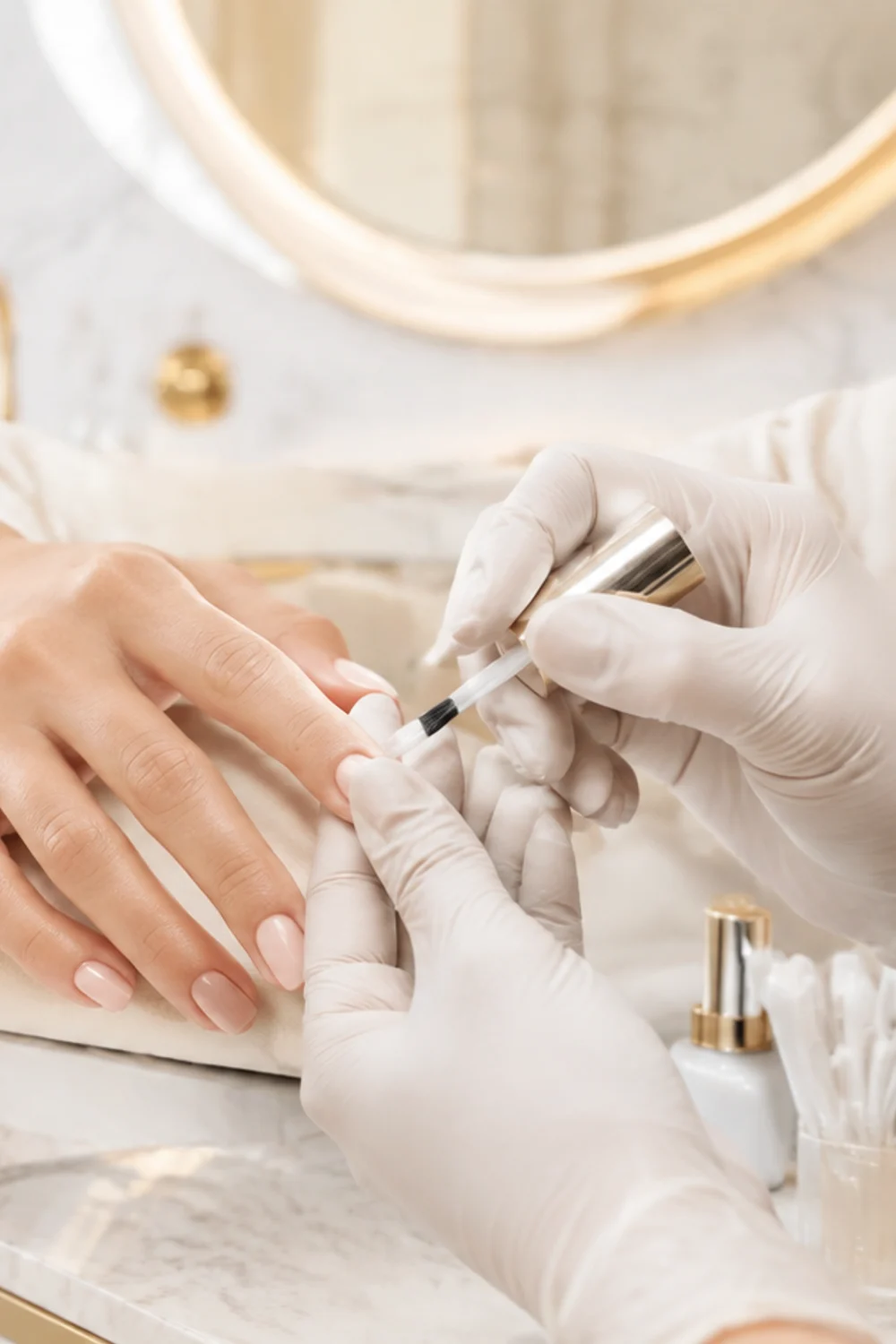 Manicure em composição vertical num posto de trabalho claro